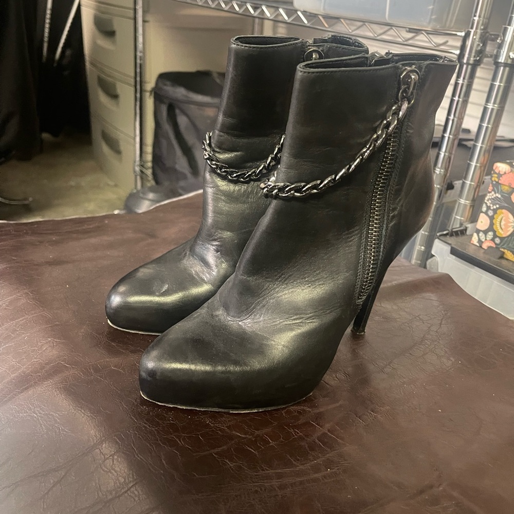 All Saints Black Leather and Chain Platform Heels